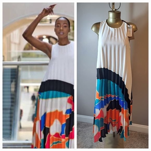 Mianotte Pleated White And Multicolor Midi Dress - Picture 1 of 9